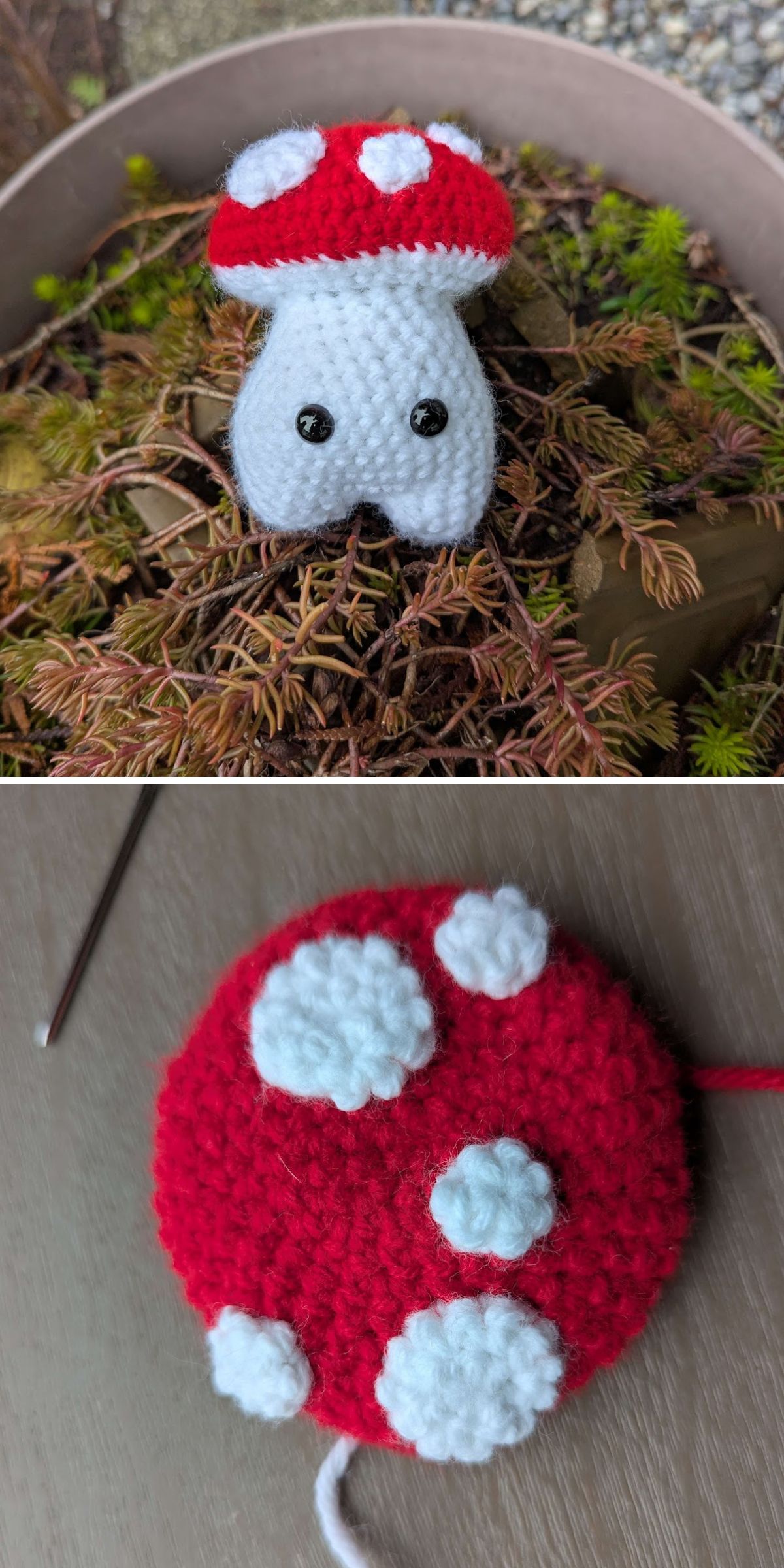 a crochet mushroom amigurumi with eyes and legs