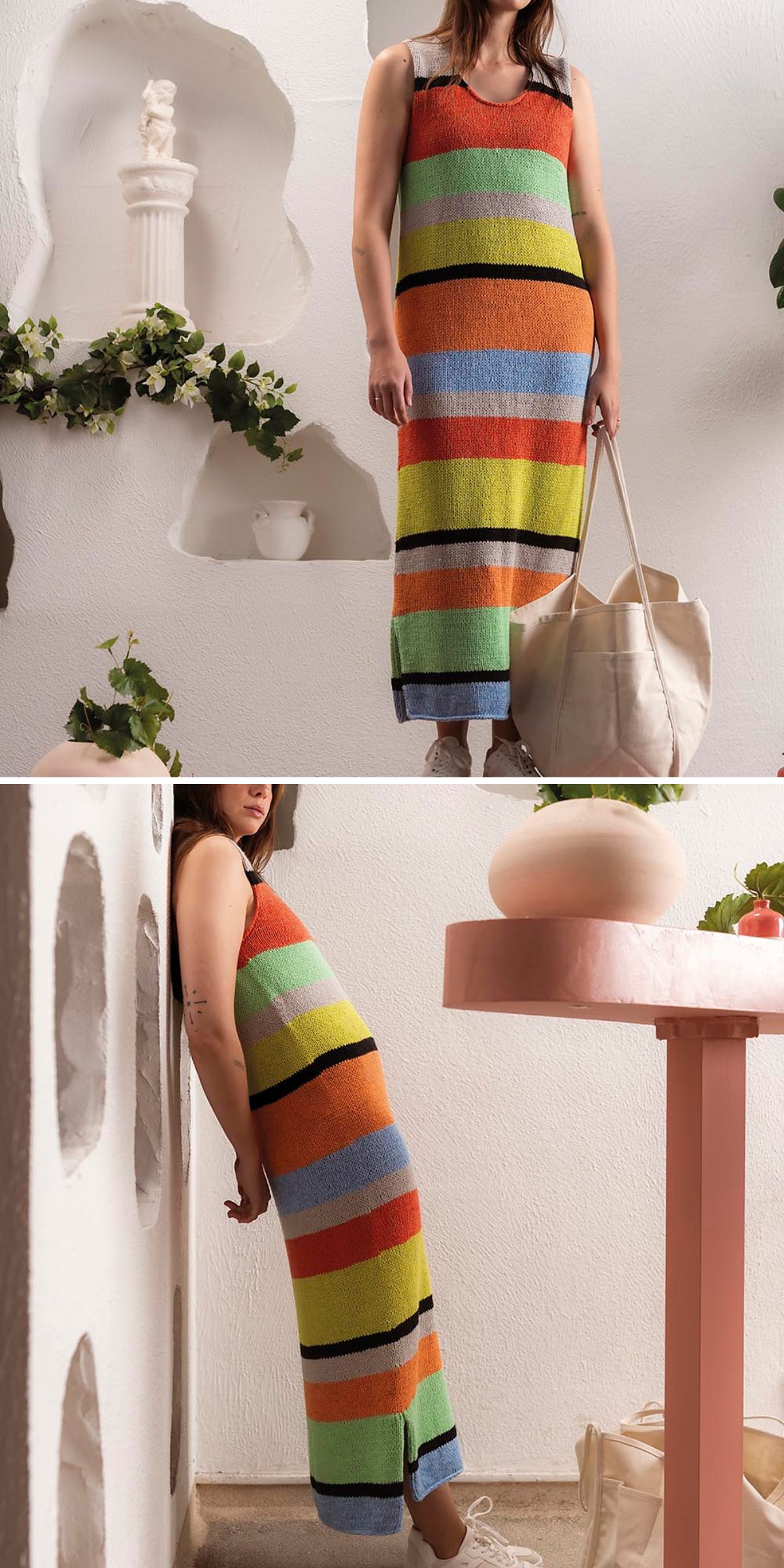 A person wearing a sleeveless, multicolored striped dress inspired by knit dress patterns stands indoors, holding a beige tote bag; the setting features white walls, greenery, and minimalist decor.