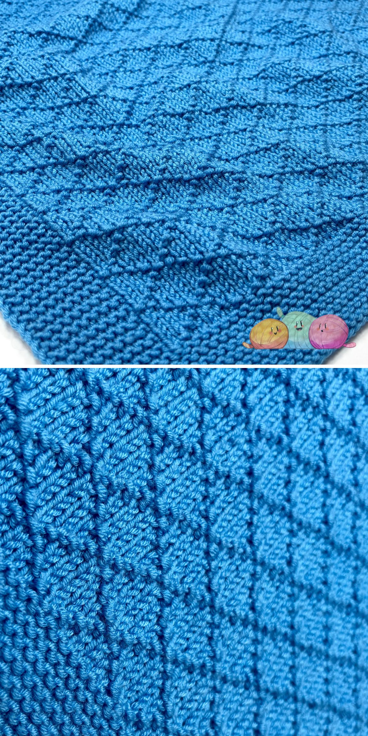 a blue knitted baby blanket with a diamond-like texture
