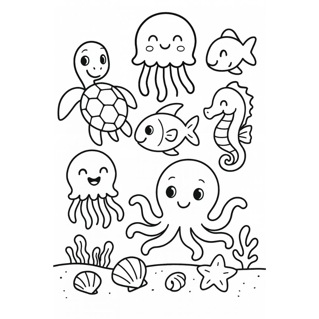 Coloring sheet with jellyfish, turtles, fish, and octopuses waving hello – fun ocean animal printable for preschoolers