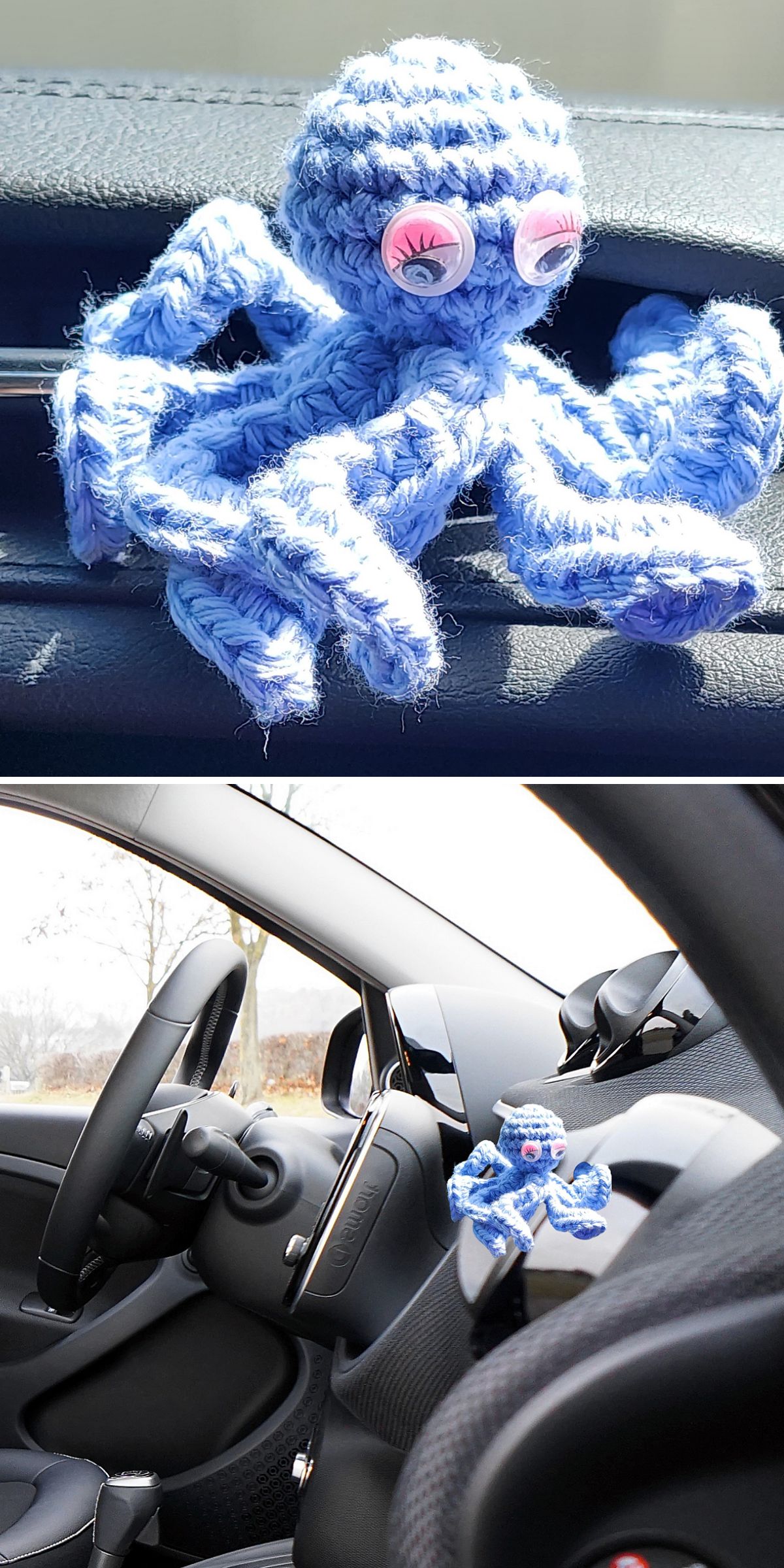 a blue crochet octopus with large plastic eyes with lashes