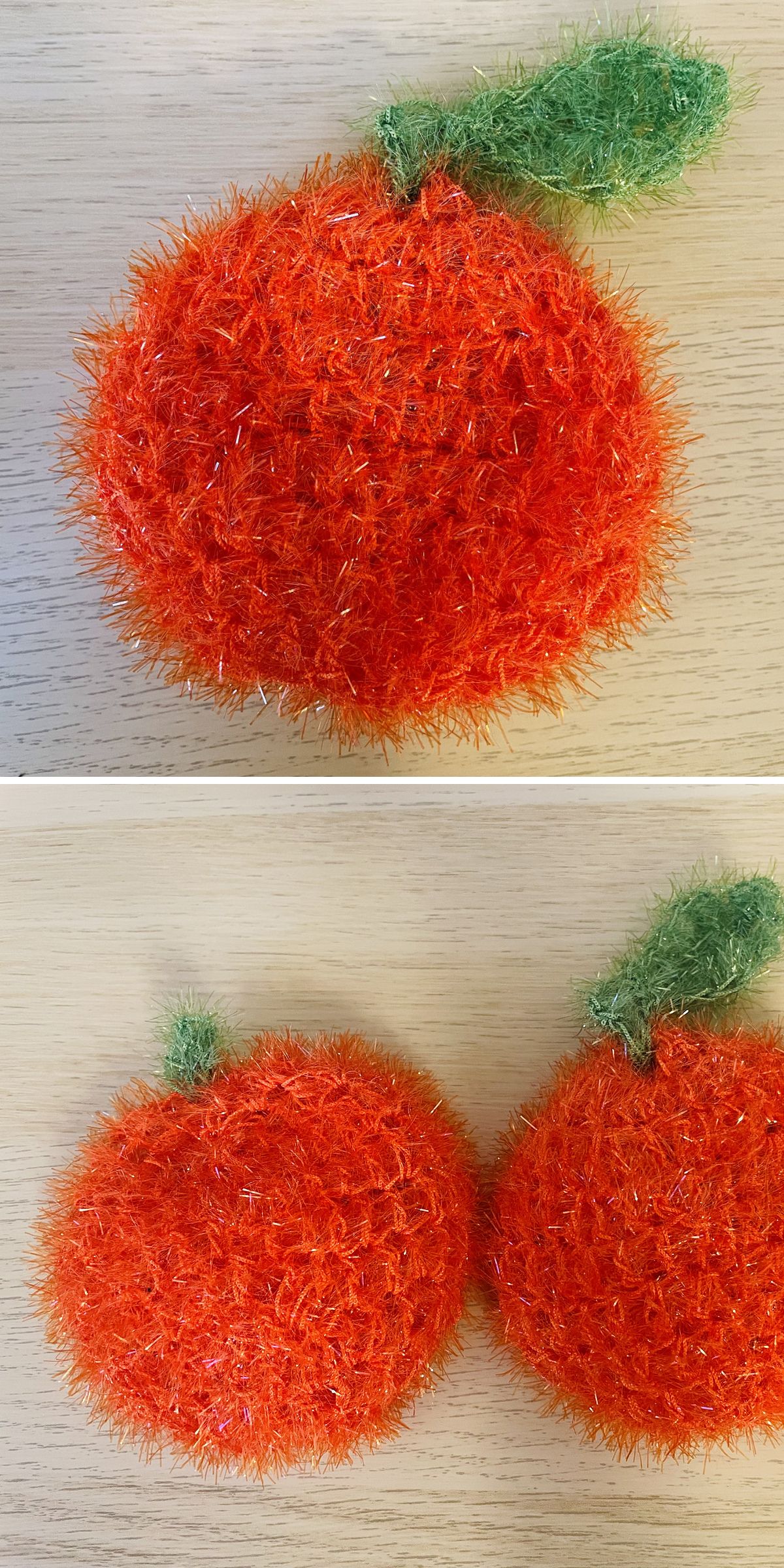 a crochet scrubber shaped like an orange