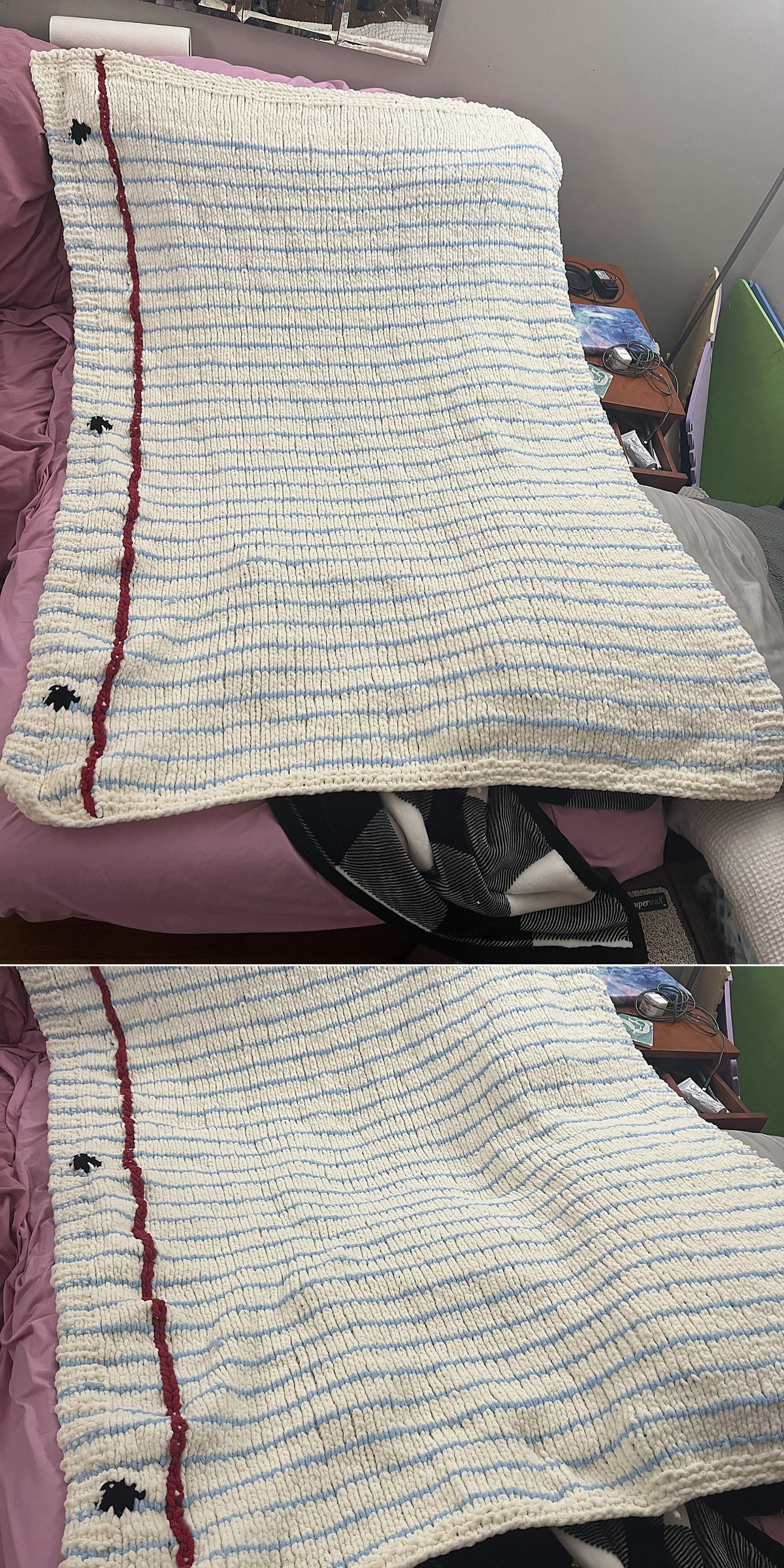 a knit blanket with a design resembling a lined sheet of paper