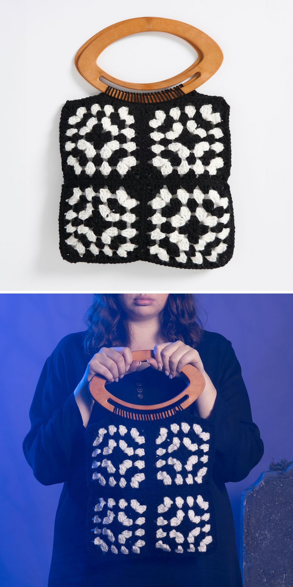 a black-and-white crochet bag built from four classic granny stitch squares