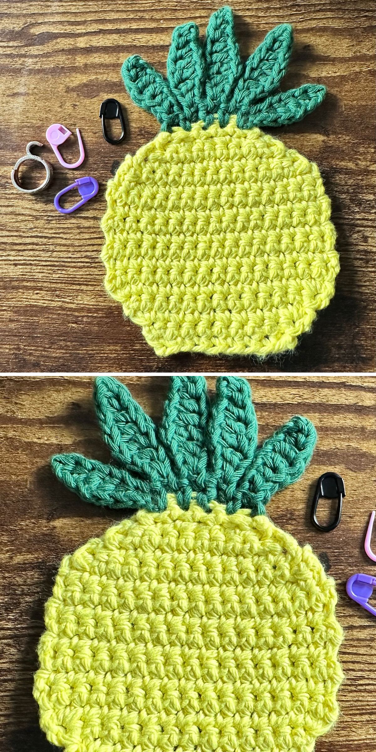 a crochet coaster shaped like a pineapple 