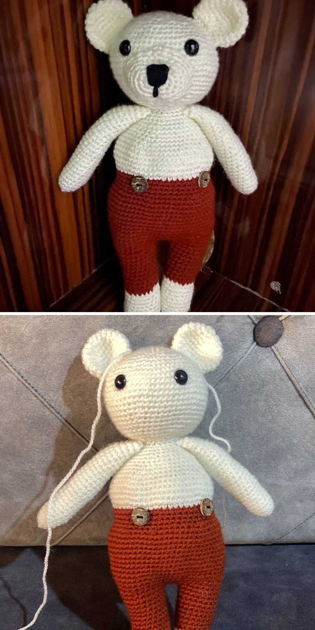 a crochet bear in red pants