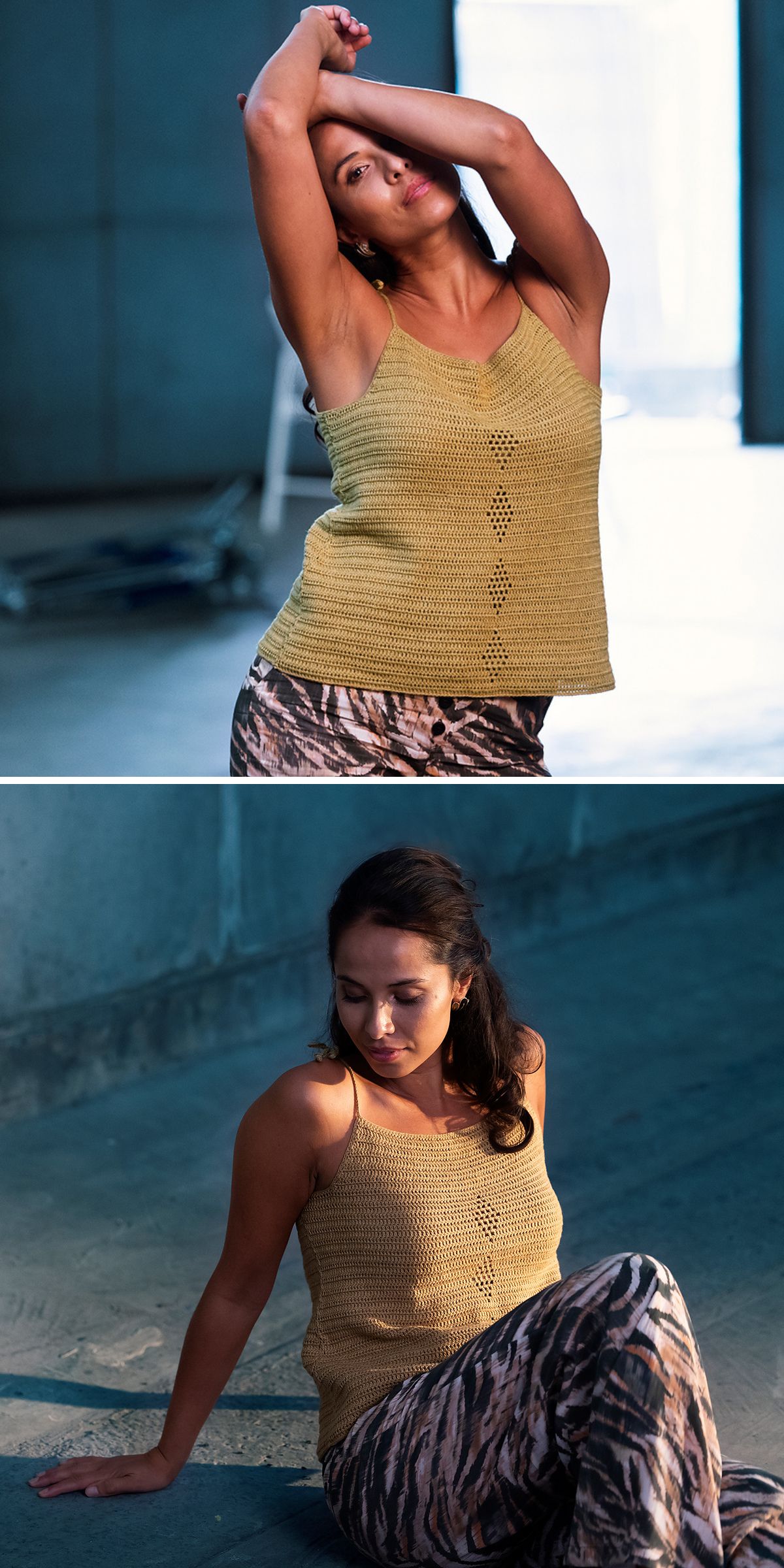 a crochet top with small open-stitched diamond motifs running across the middle