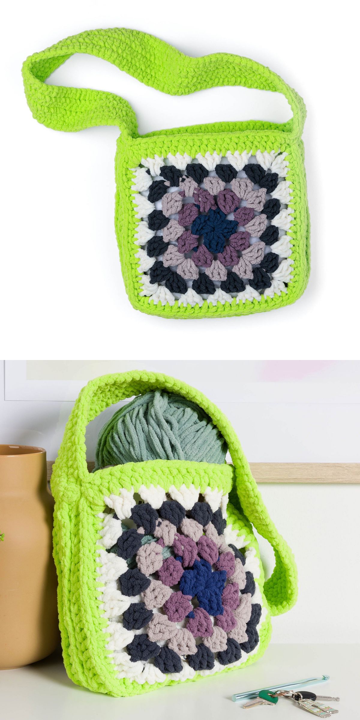 a chunky crochet bag made from two granny squares