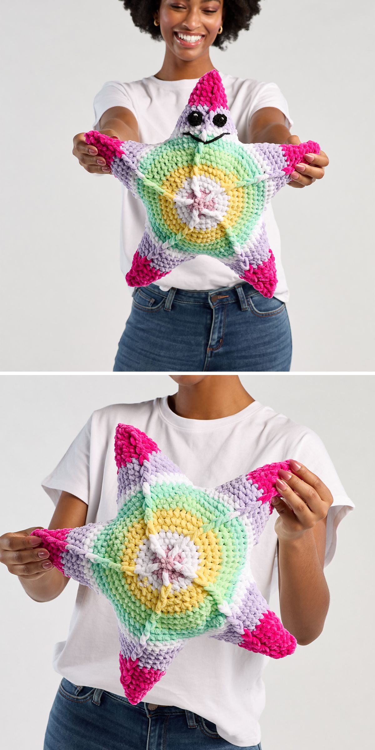 a large multicored crochet starfish toy