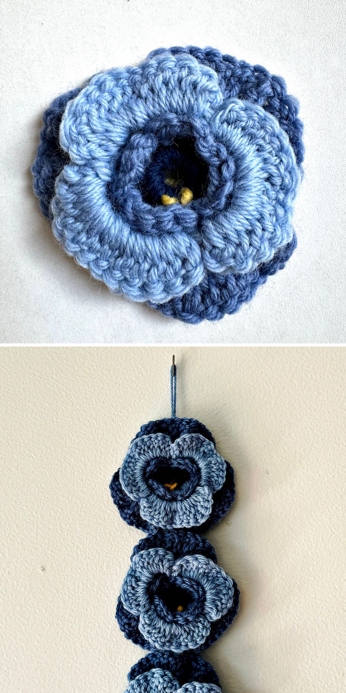 a handmade hanging decoration made of three crochet flower appliques
