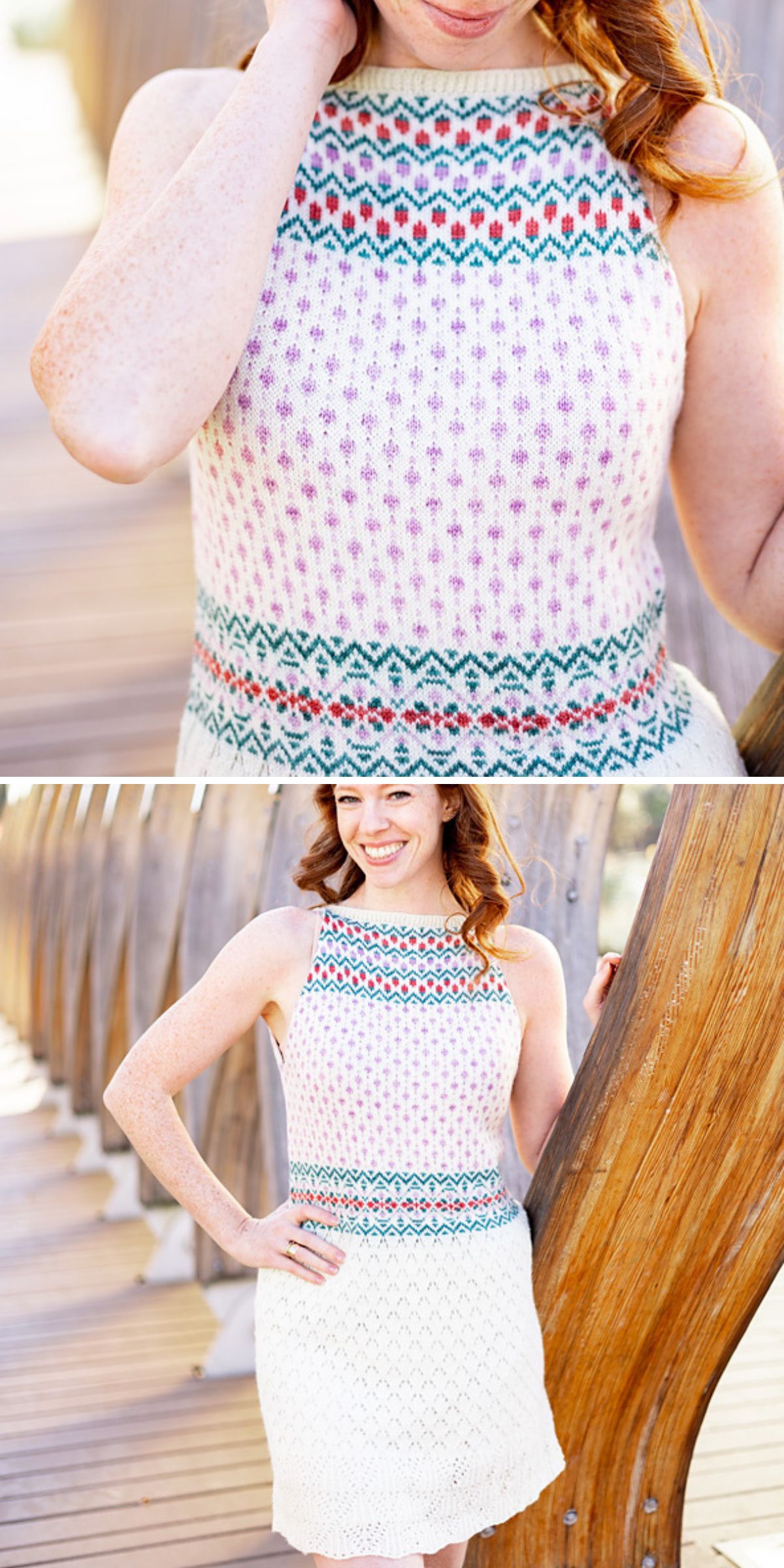 a summer knit dress is in white featuring colorful floral and geometric motifs