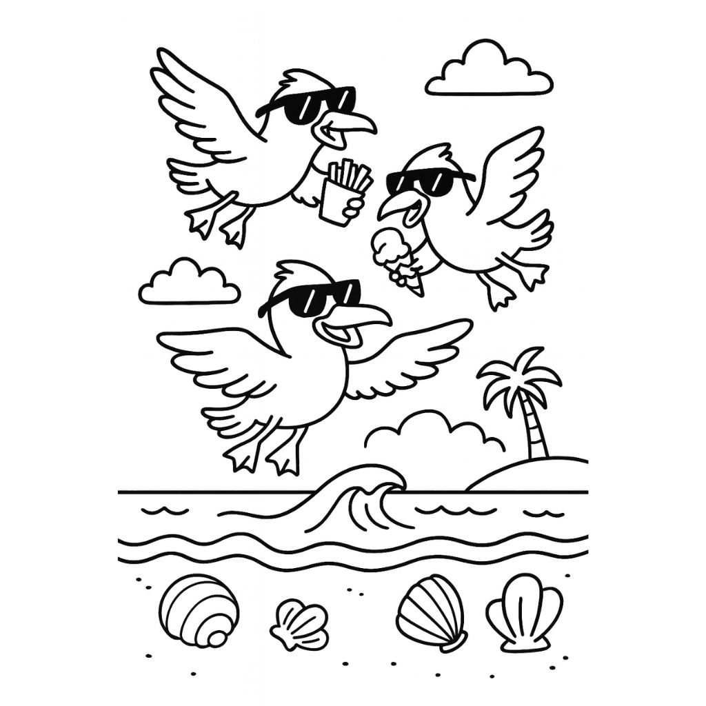 Playful seagulls flying with snacks and sunglasses over a busy beach – printable coloring sheet for kids