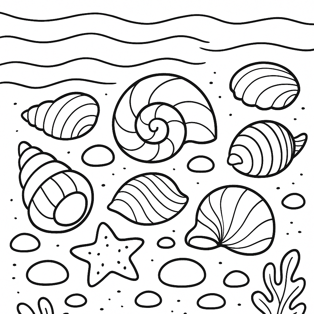 Detailed drawing of seashells, pearls, and tiny ocean critters on sand – relaxing beach coloring page for children