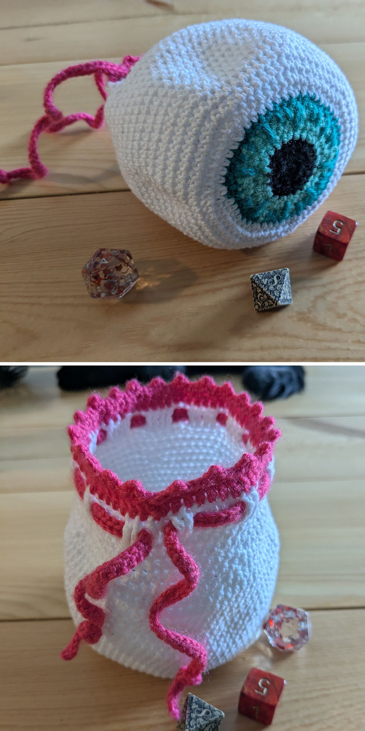 a crochet drawstring bag shaped like a big eyeball