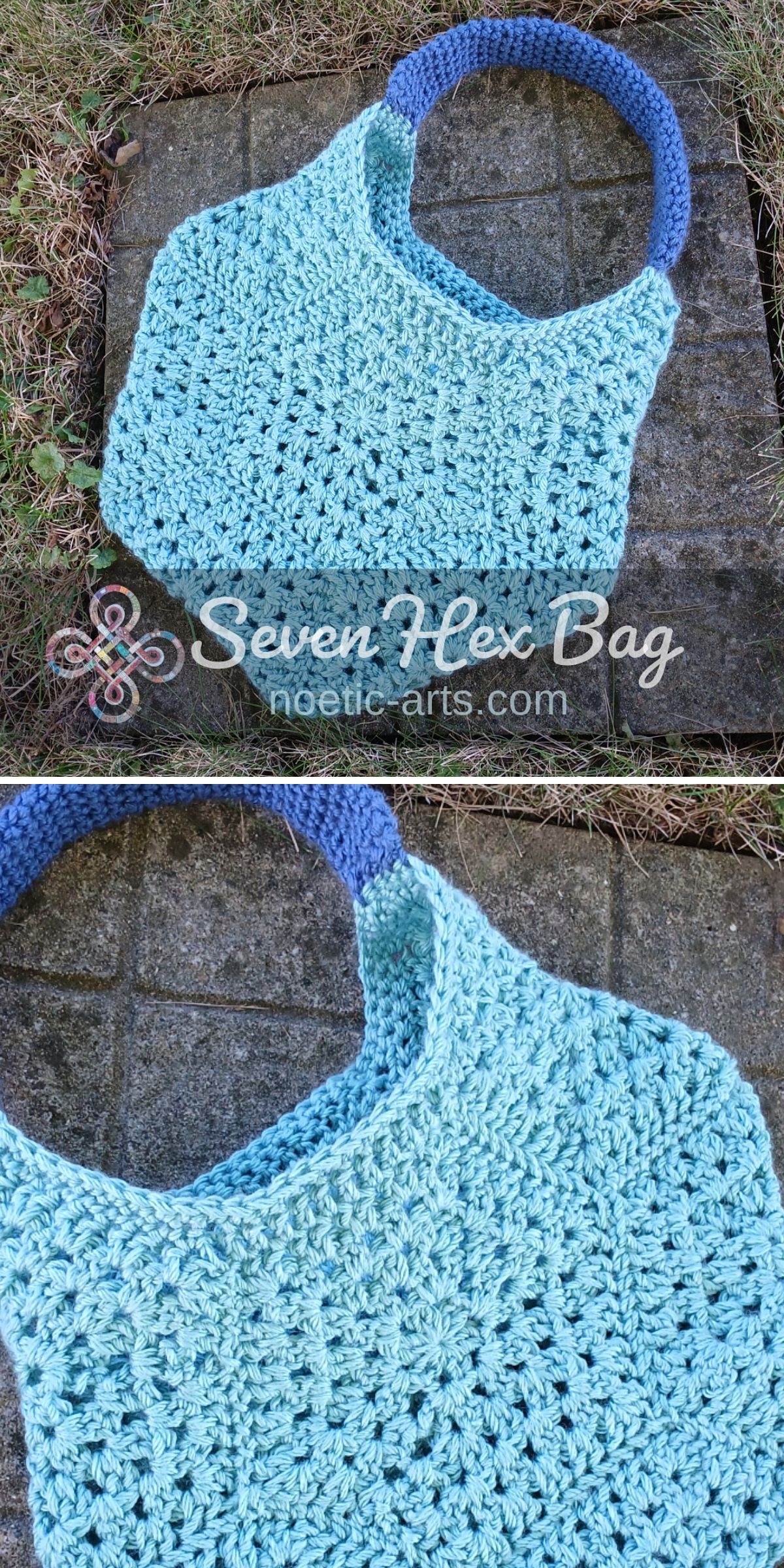 a blue crochet granny stitch bag made from hexagons