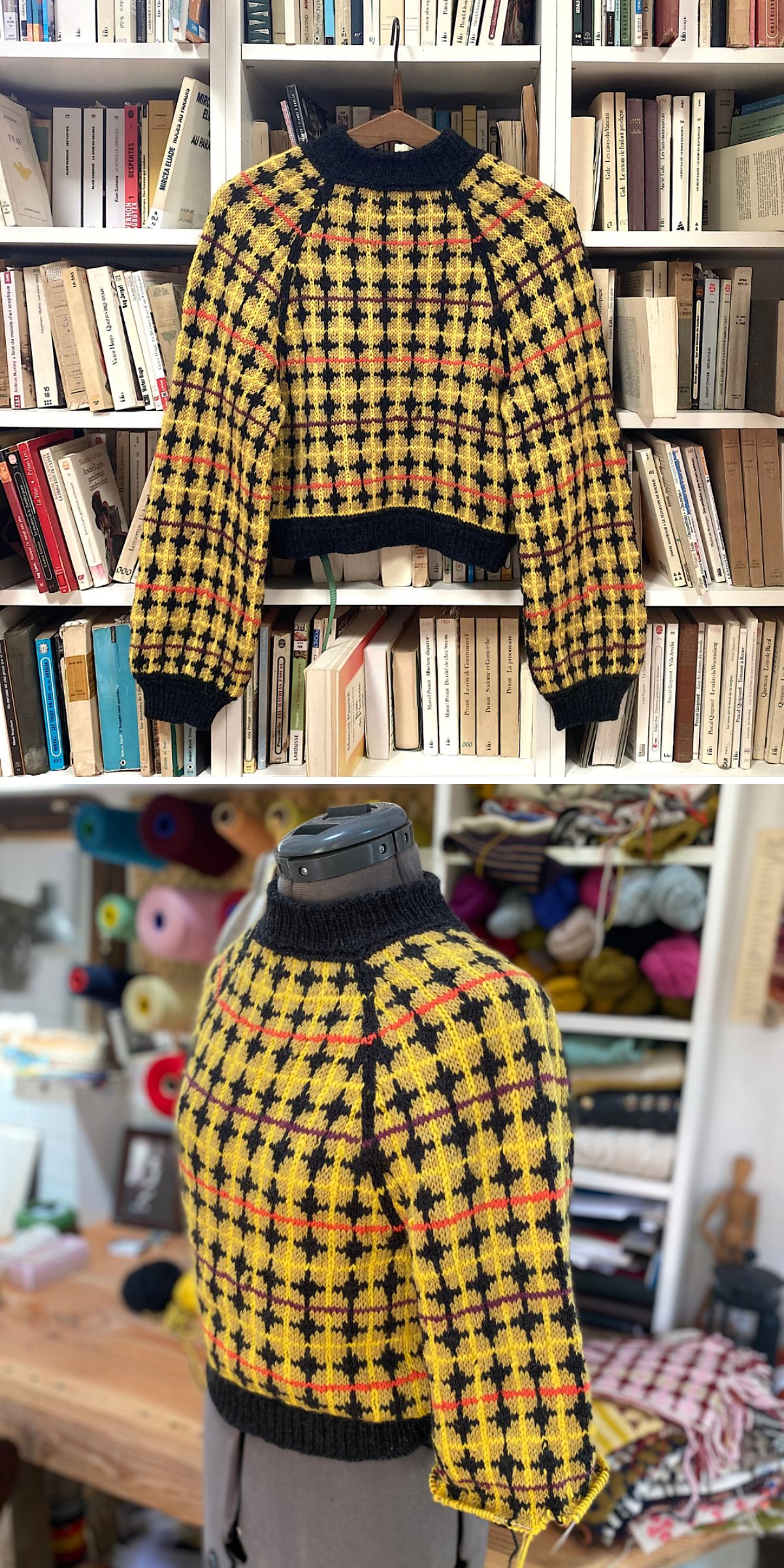 a knitted sweater featuring a chequered-like design in yellow and black
