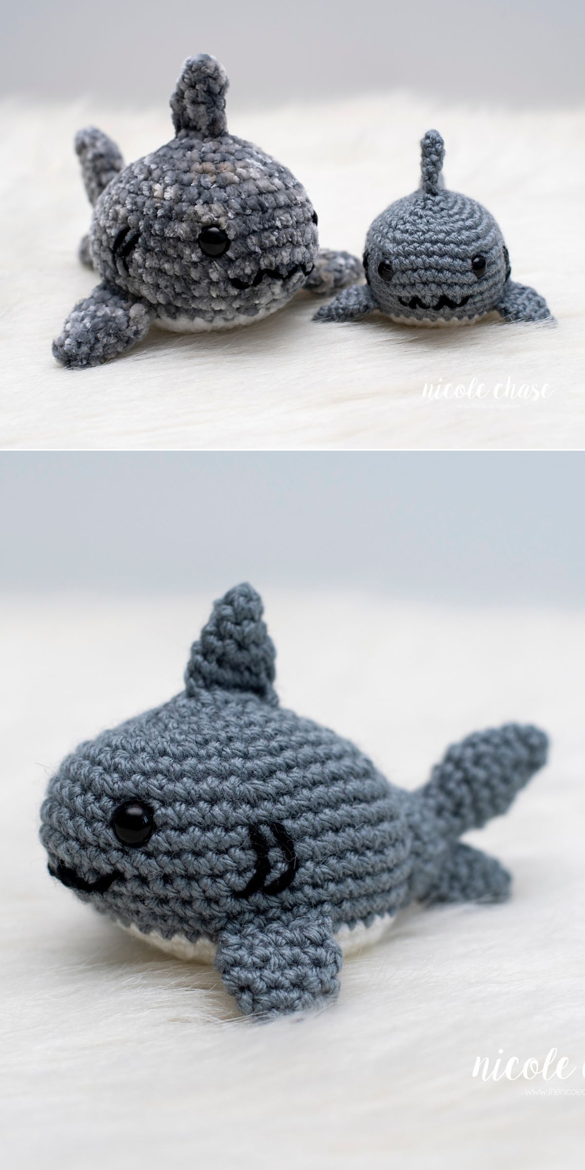 two crochet shark amigurumi toys