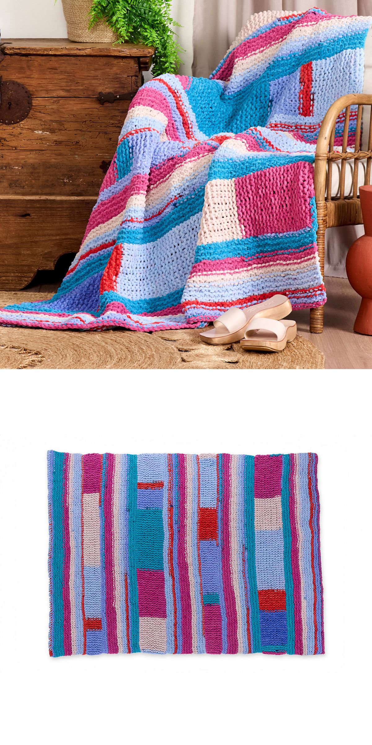 a multicolored knitted blanket featuring stripes of different sizes and various placement