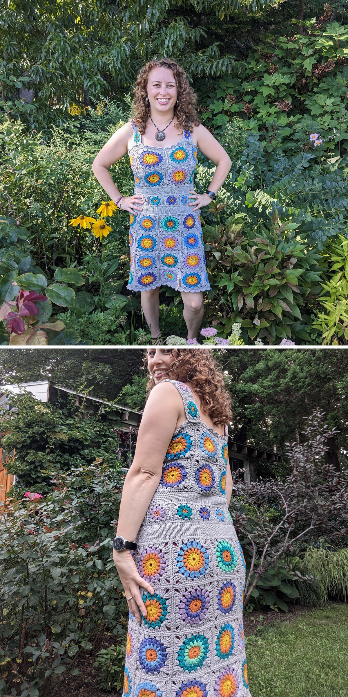 a vibrant crochet dress made from granny squares