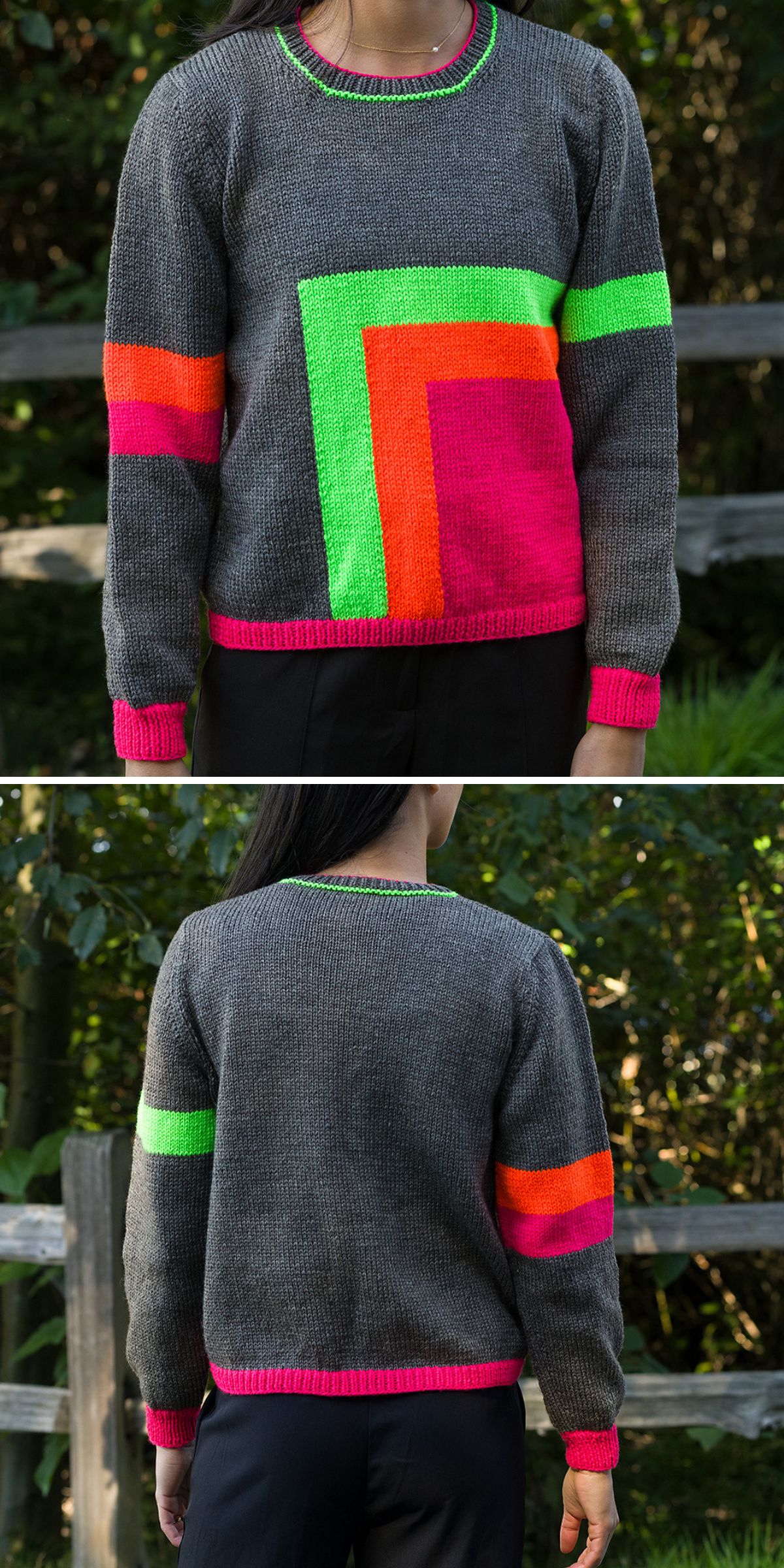 a knit sweater with vivid geometric accents