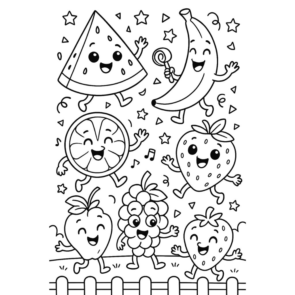 Dancing banana, watermelon, strawberry, and orange with faces – fruity summer coloring page printable.
