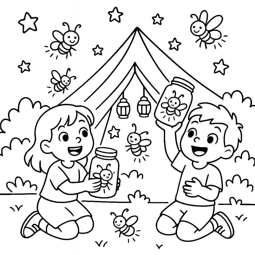 Kids catching glowing fireflies near a tent under the stars – peaceful night-themed summer coloring sheet.
