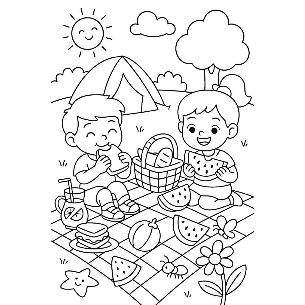 Kids enjoying watermelon and sandwiches at a picnic with sun and bugs – free summer coloring sheet for kids.