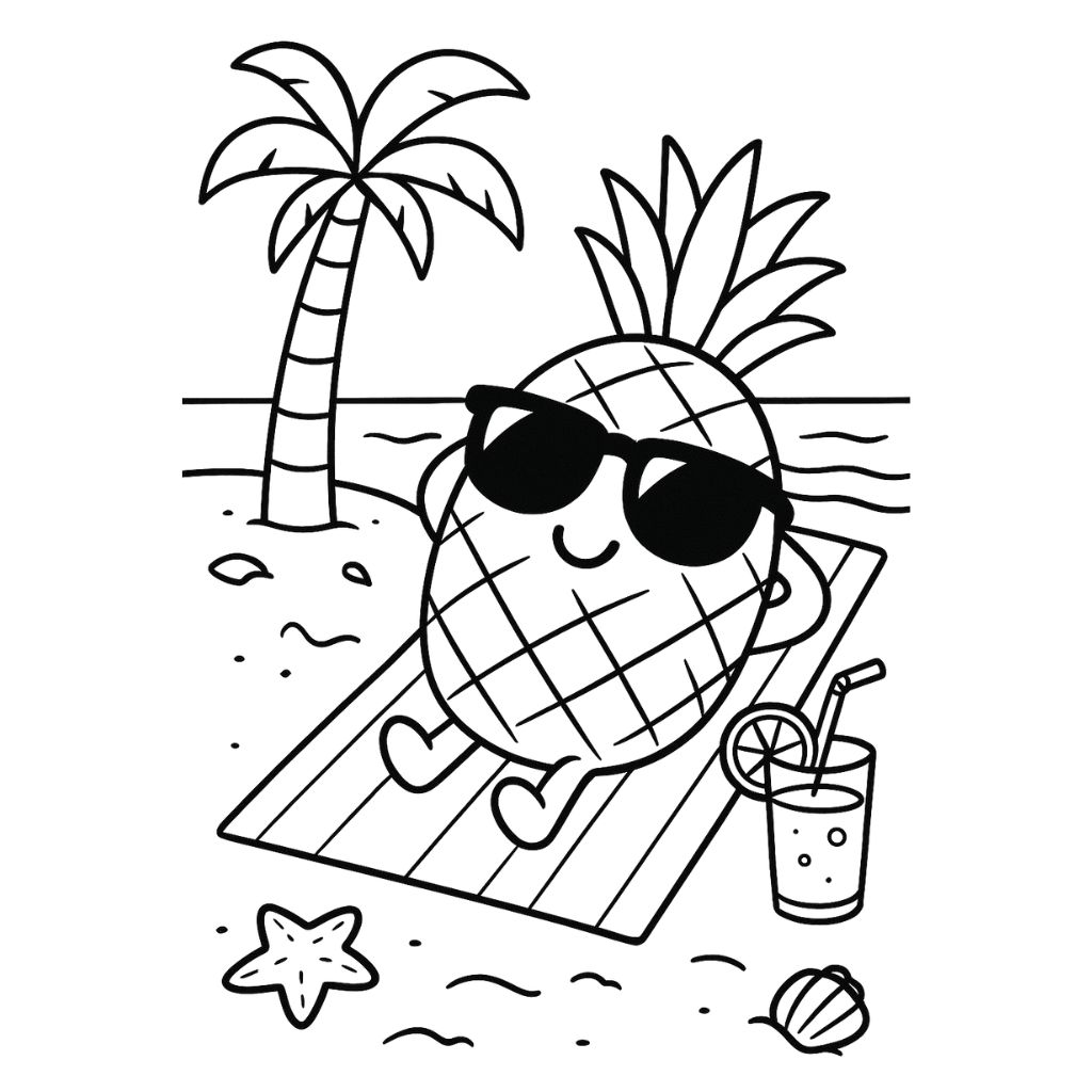 Funny pineapple with sunglasses relaxing under an umbrella on the beach – summer beach coloring page for toddlers