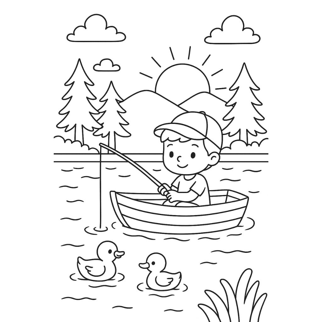Child fishing from a dock at sunset with ducks on the water – calm lakeside summer coloring page.