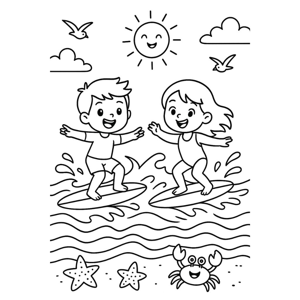 Children surfing ocean waves with palm trees and sunshine – surfing-themed beach coloring page for kids