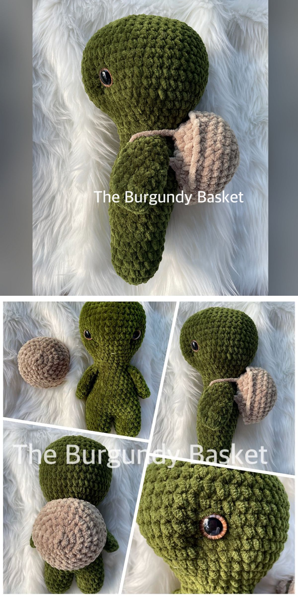 a velvety crochet turtle plushie with a removable shell backpack