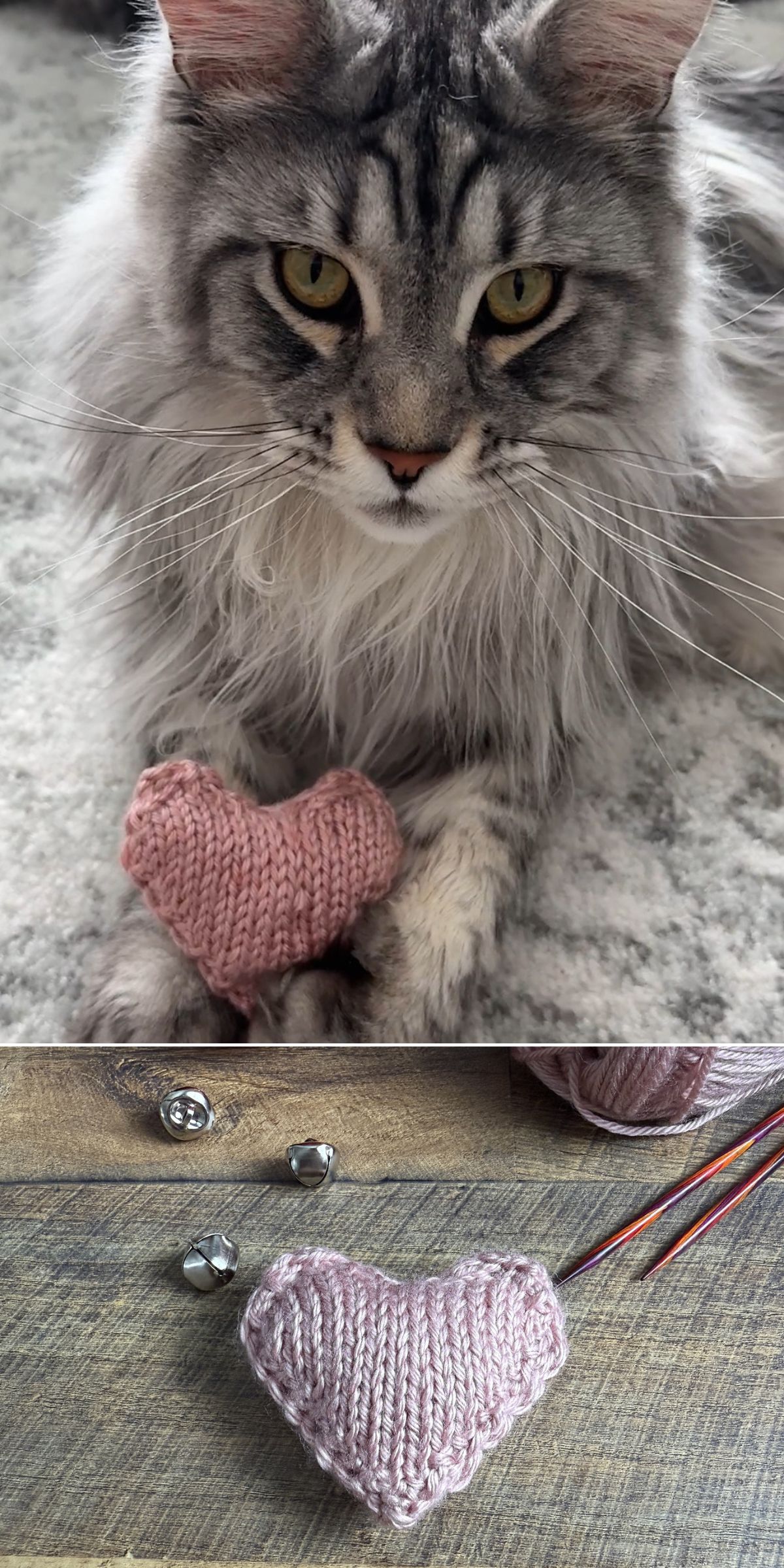 a cat playing with a pink knitted heart toy