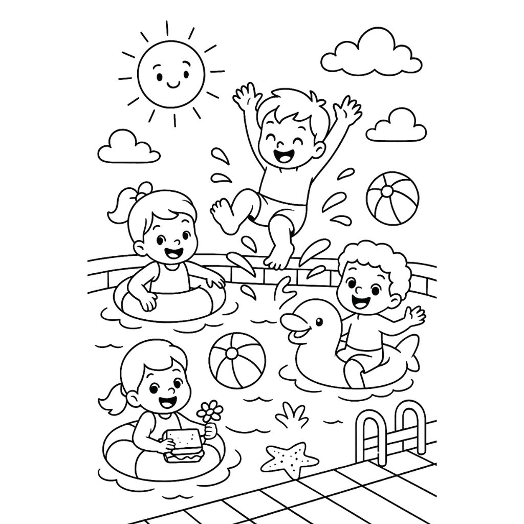 Four happy kids splashing in a pool with floaties and beach balls – summertime coloring page printable.