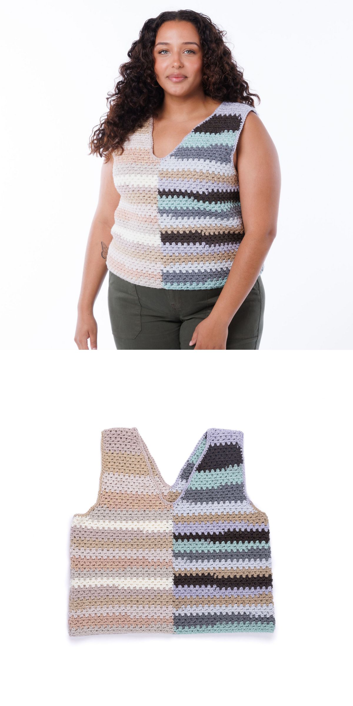 a crochet striped top with deep V-neck
