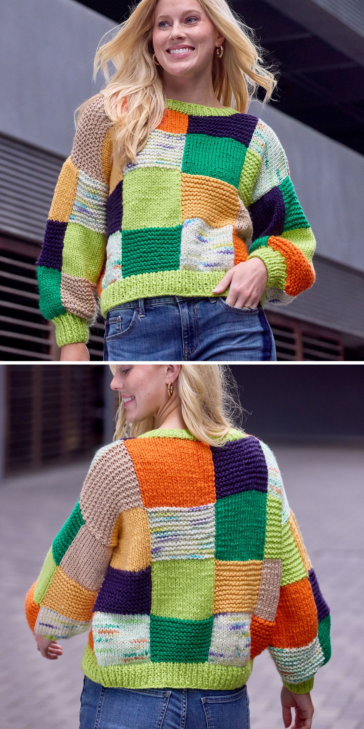 a colorful knit patchwork sweater made from squares in different colors
