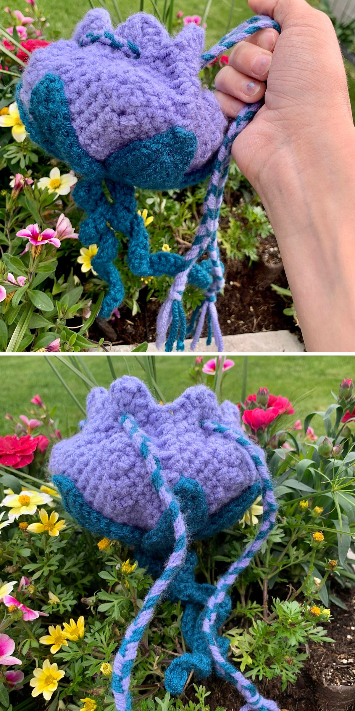 a crochet drawstring bag with a flower blossom-inspired design in blue and violet colors