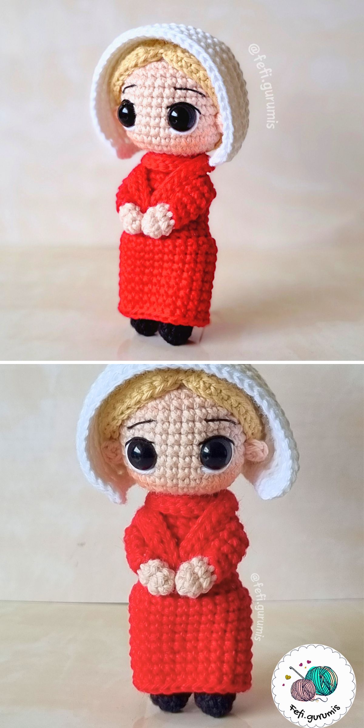 a crochet doll wearing a red robe and a white bonnet