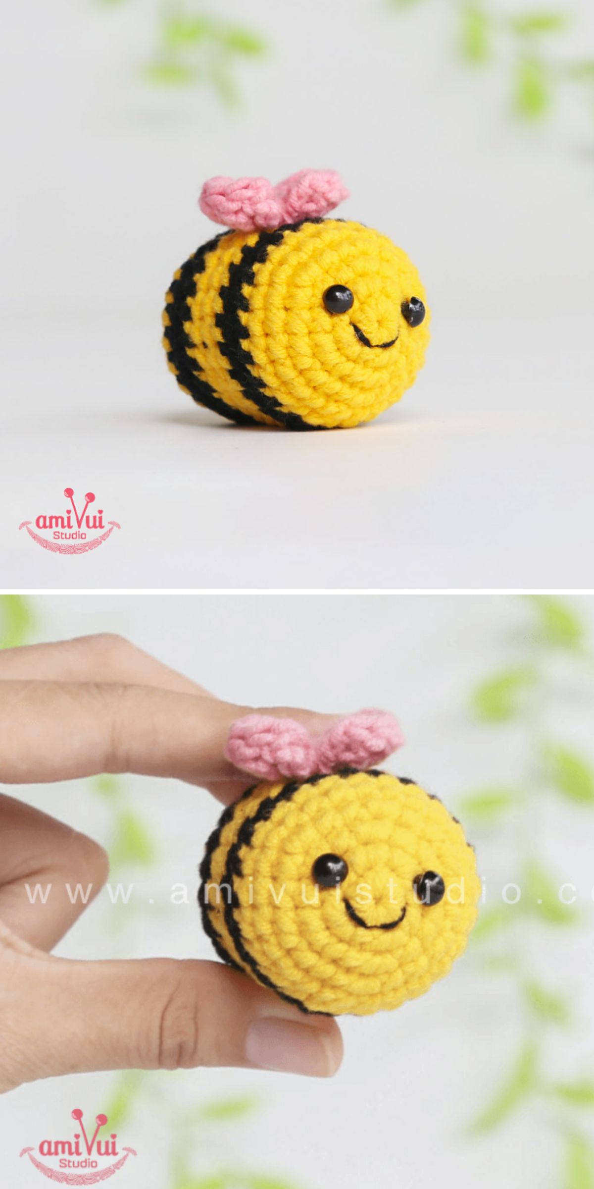 a small crocheted bee with a smile