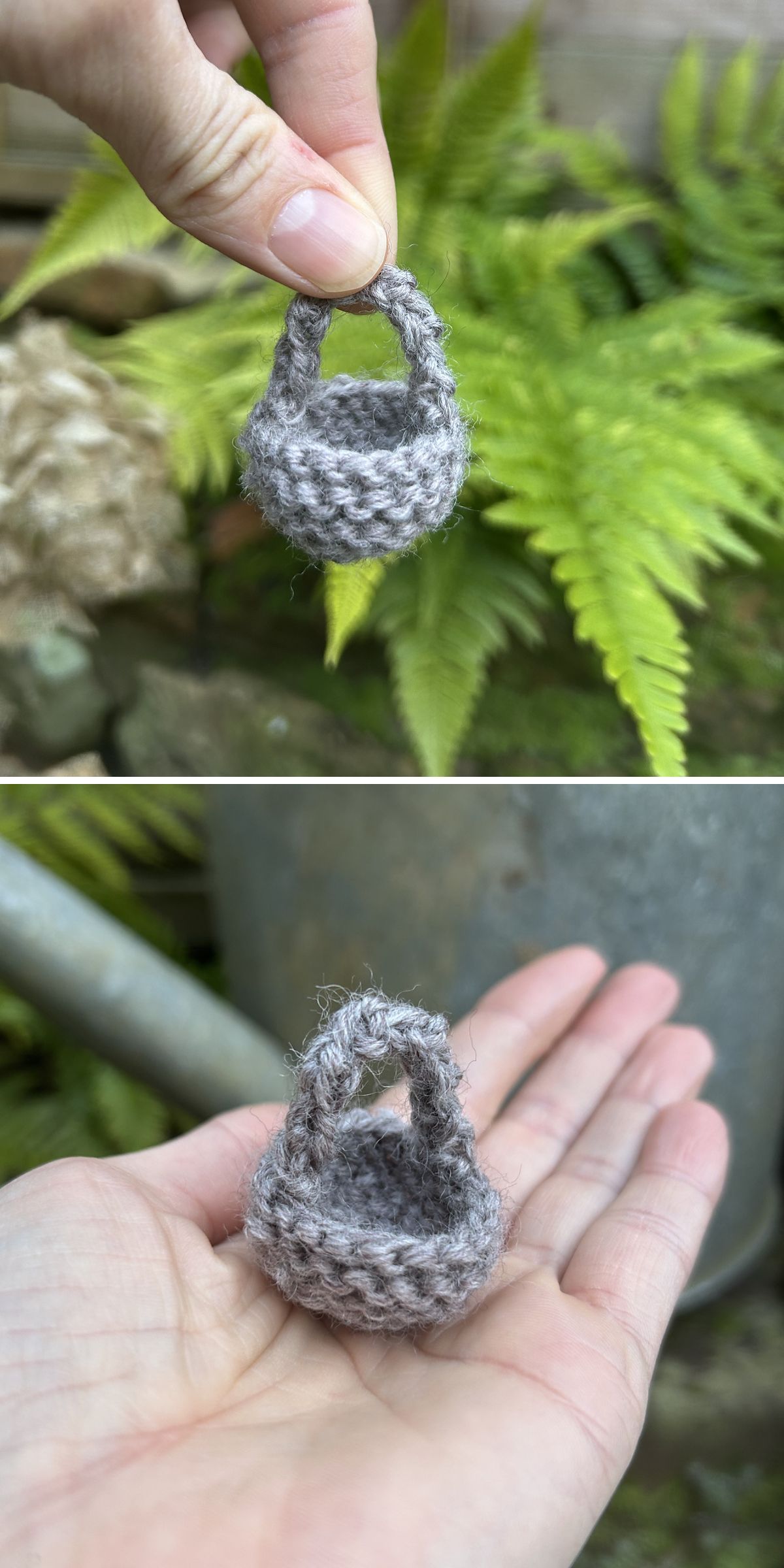 a tiny grey crocheted basket