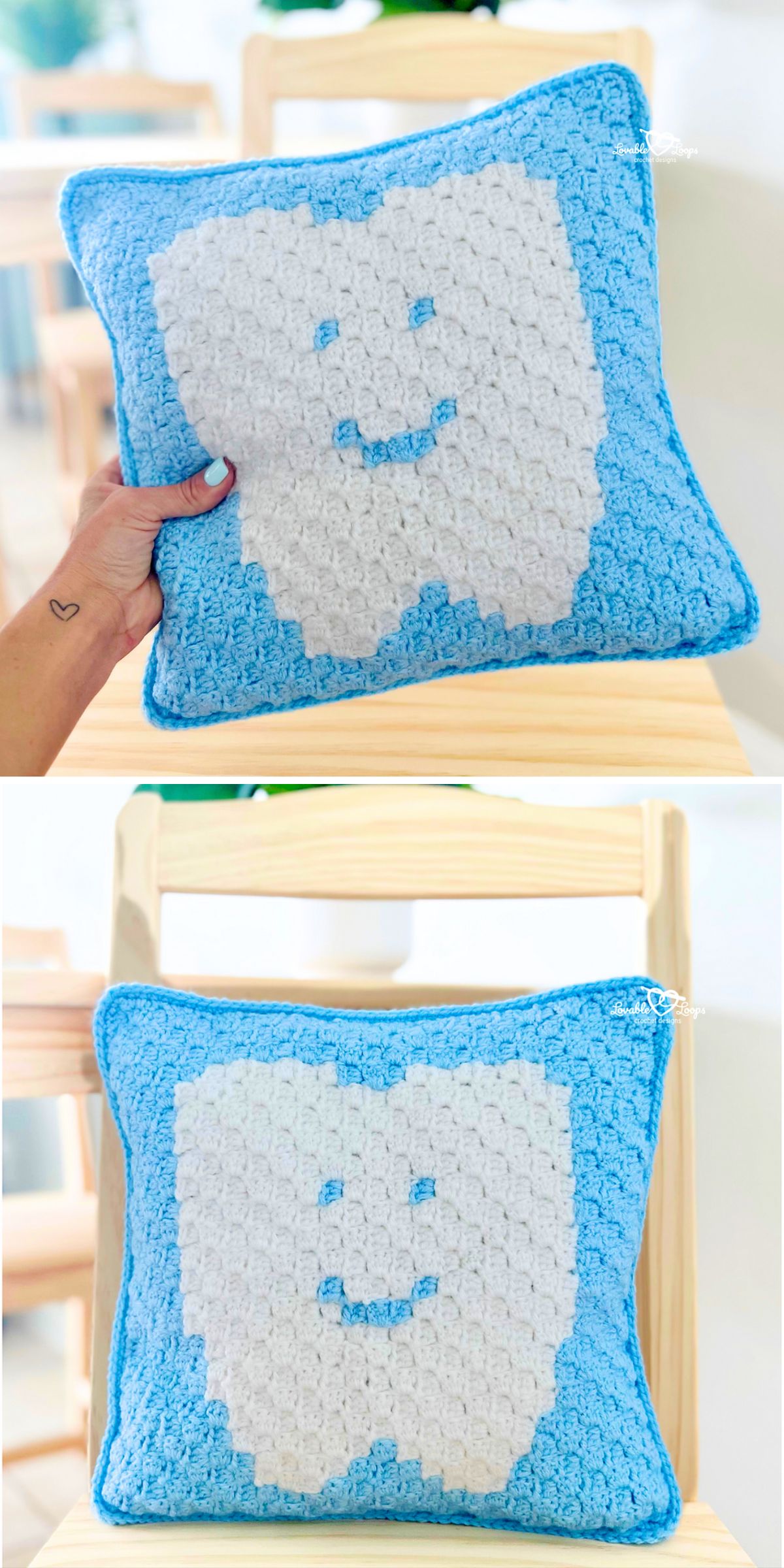 a blue crochet pillow with a big white tooth fairy motif