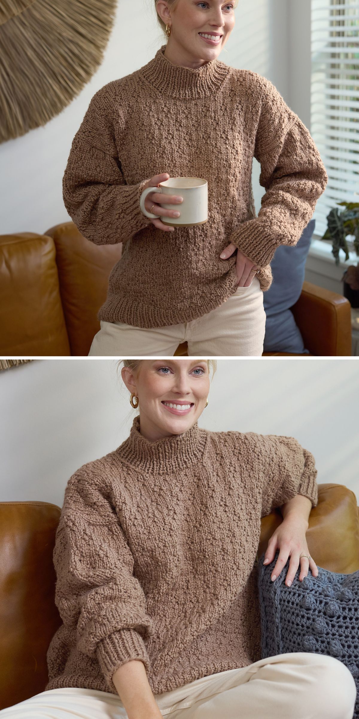 a chic knit turtleneck sweater in light brown