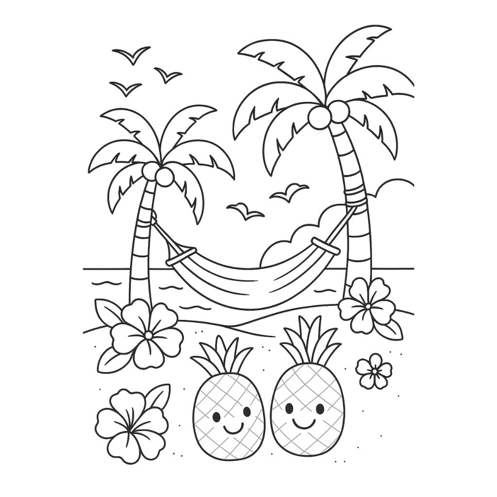 Hammock between palm trees with pineapples and flowers – tropical island summer coloring sheet for kids.