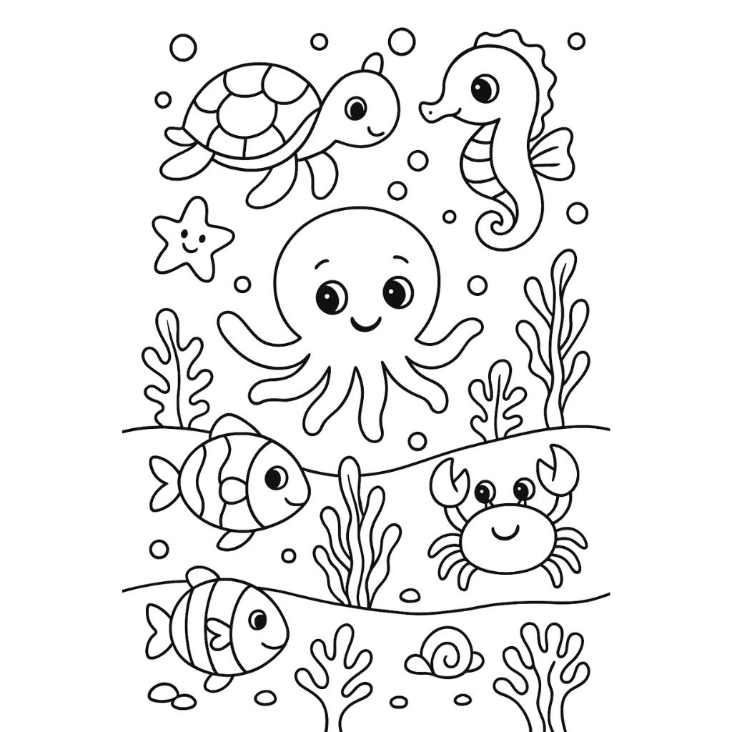 Colorful fish, turtles, seahorse, and bubbles in the ocean – underwater summer coloring page printable.