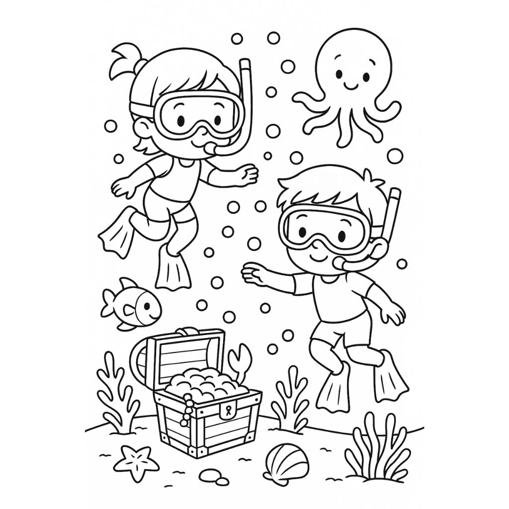 Snorkeling kids exploring coral reefs, fish, and a treasure chest – underwater beach coloring sheet for kids