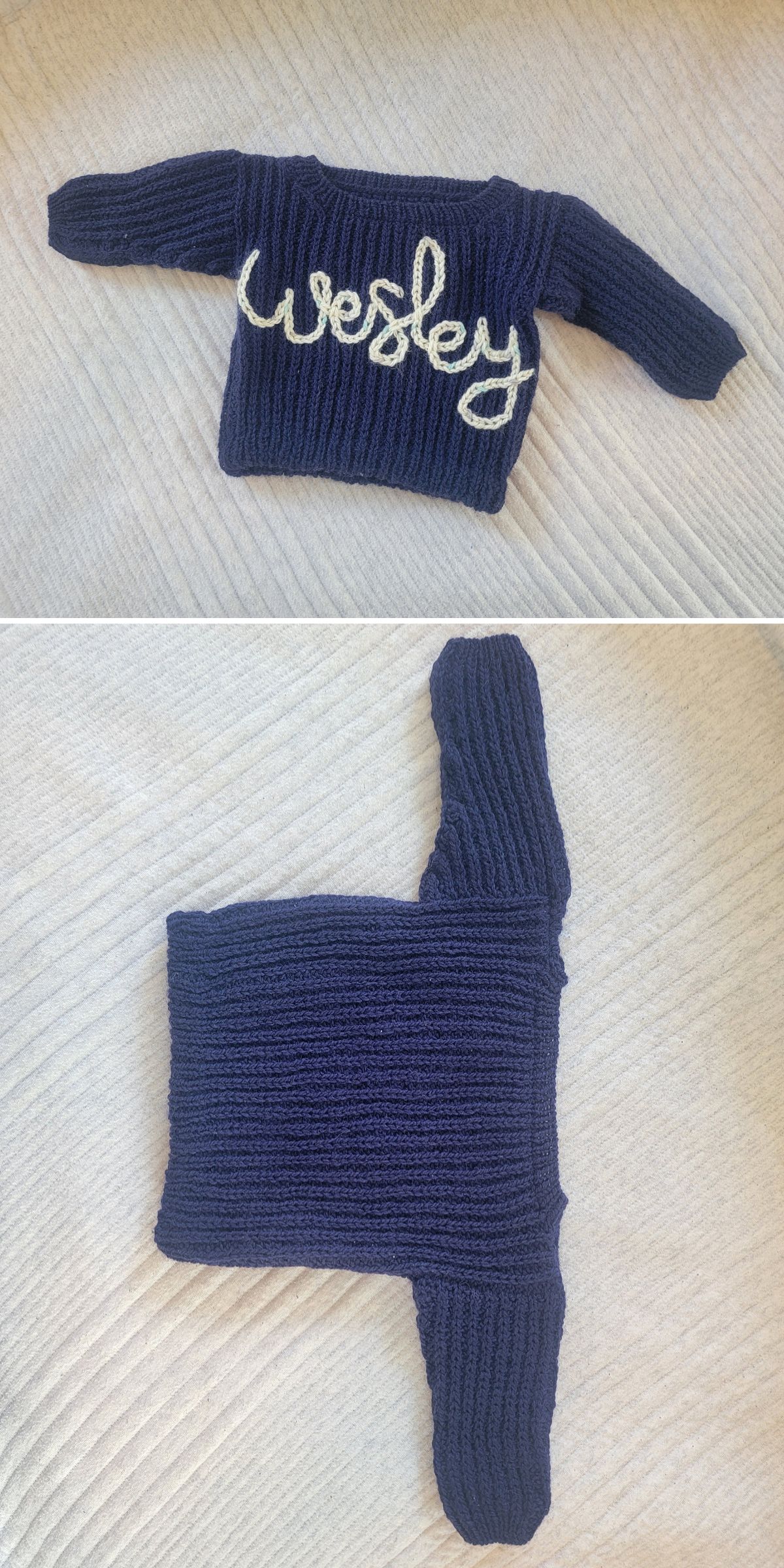 A cute navy blue knitted baby boy sweater with the name "Wesley" in white yarn, shown laid flat from the front and back on a light textured surface. Perfect inspiration for free knitting patterns!.