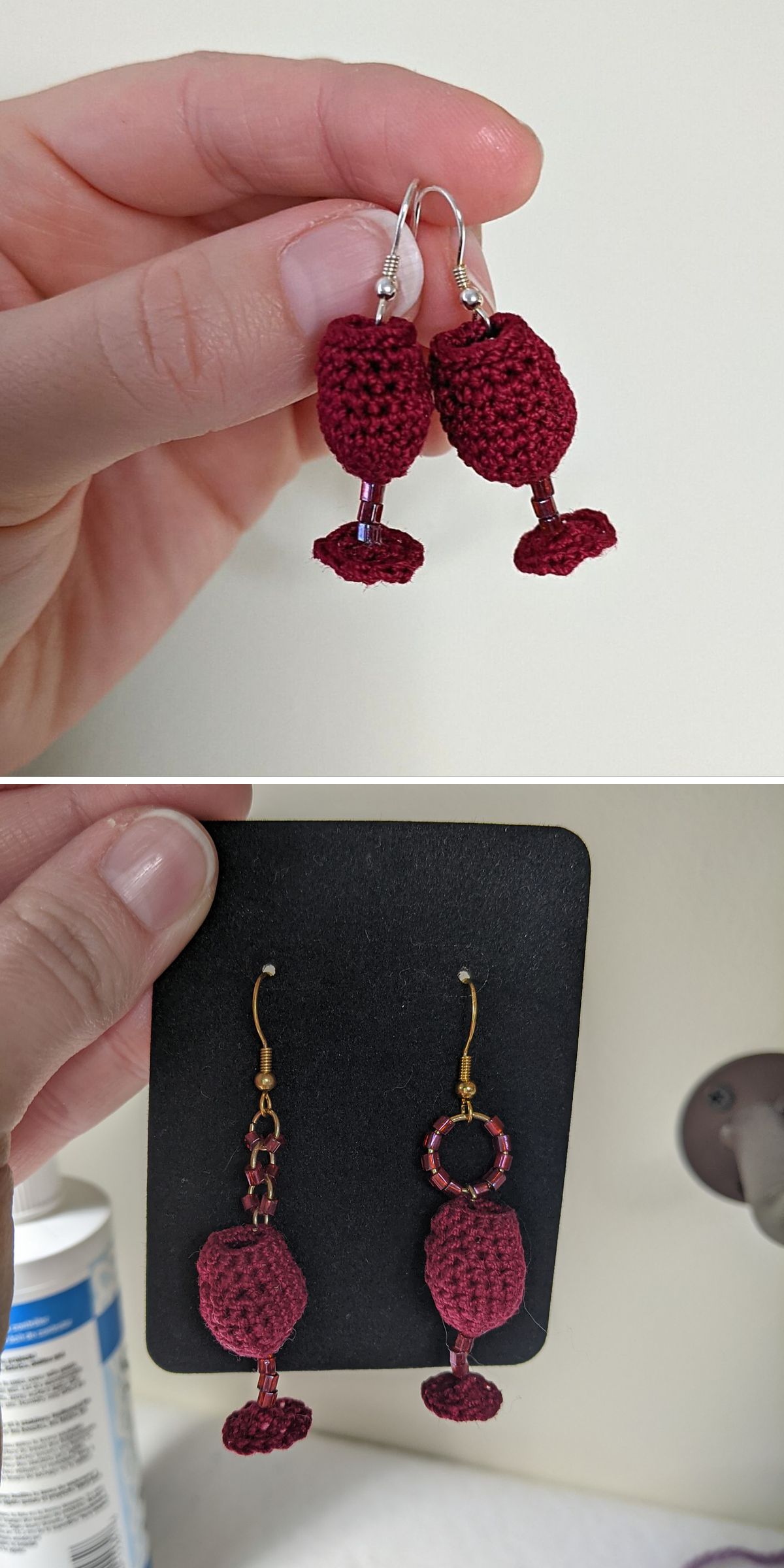 wine glass-shaped crochet earrings
