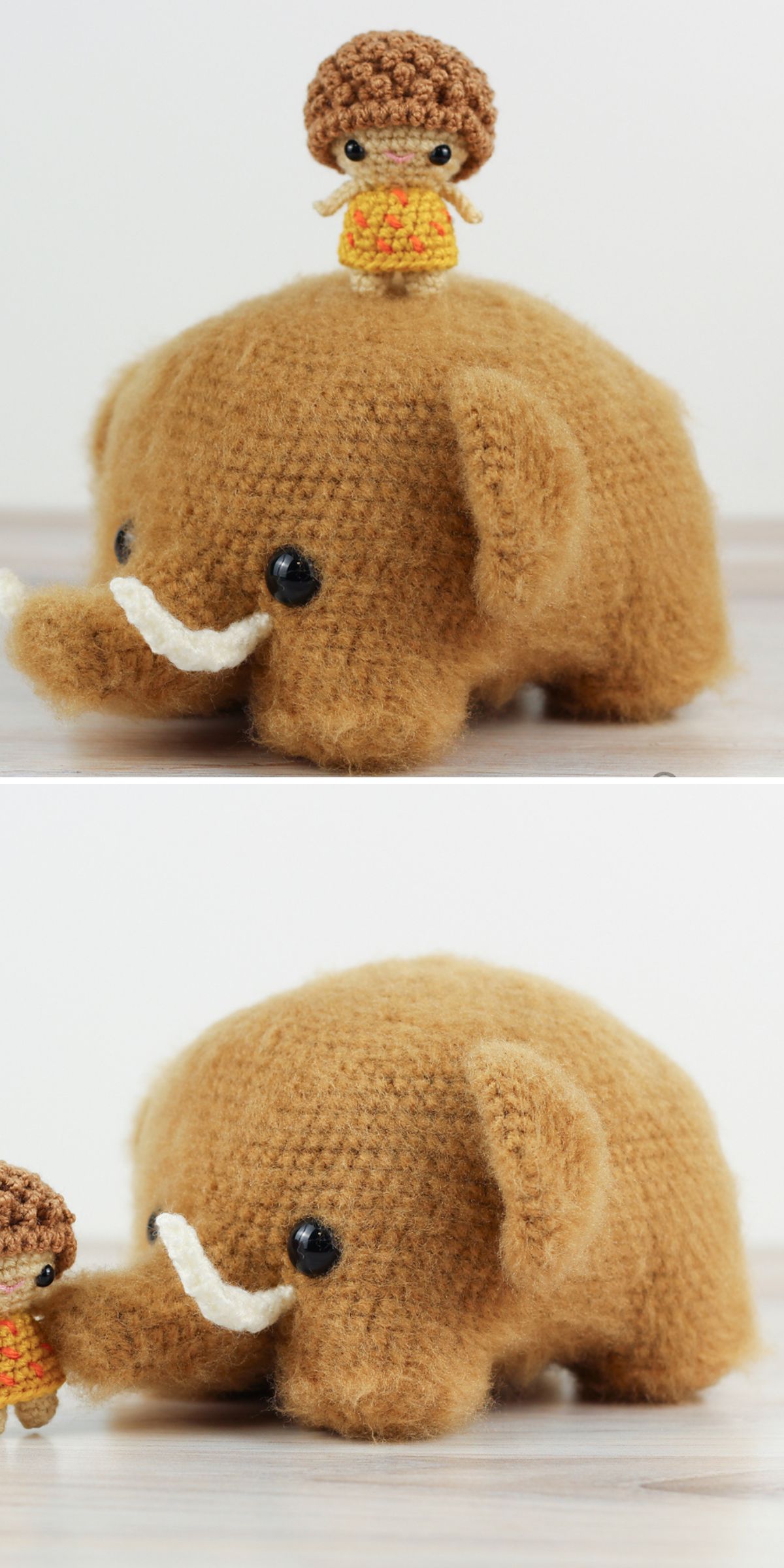a brown crochet mammoth made from fuzzy mohair yarn