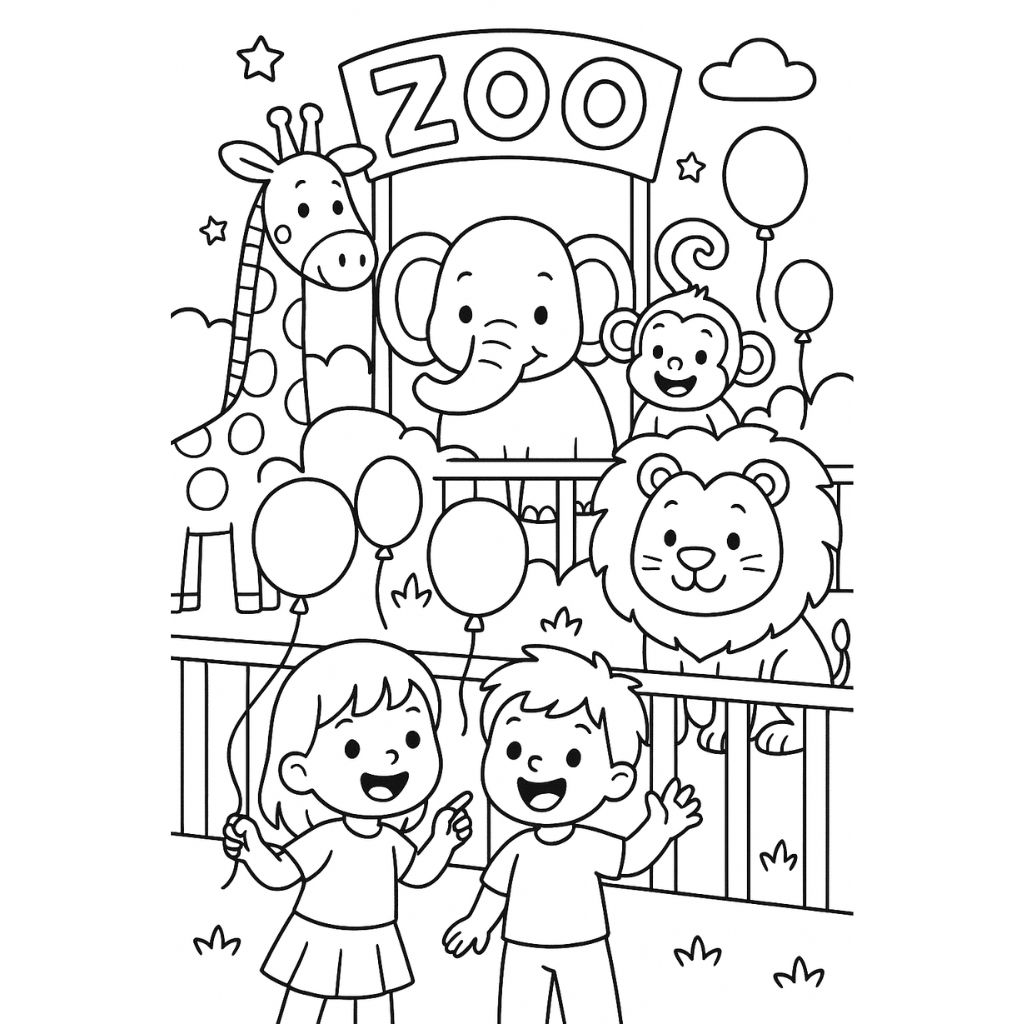 Zoo animals like lions, elephants, and giraffes with balloons – printable zoo-themed summer coloring page.