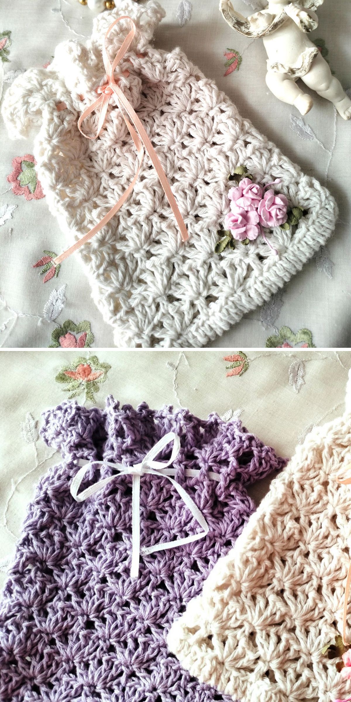 an elegant small crochet pouch with added rose details
