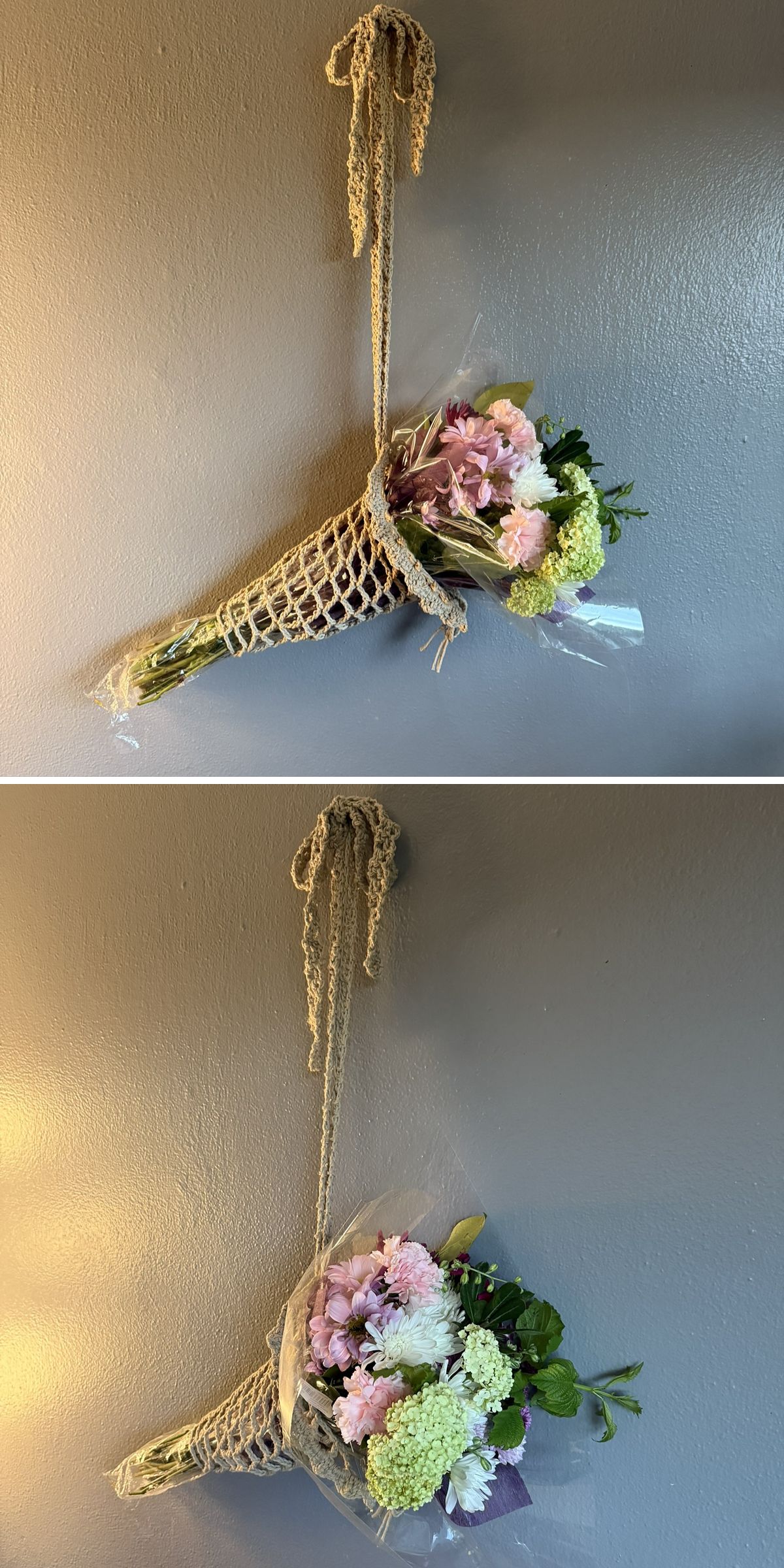 a mesh crochet bag for flowers with a hanging strap